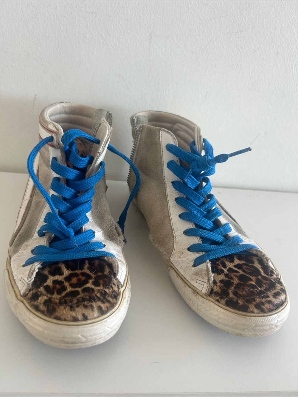 Golden Goose High-Top Sneakers with Blue Laces and Leopard Toe
